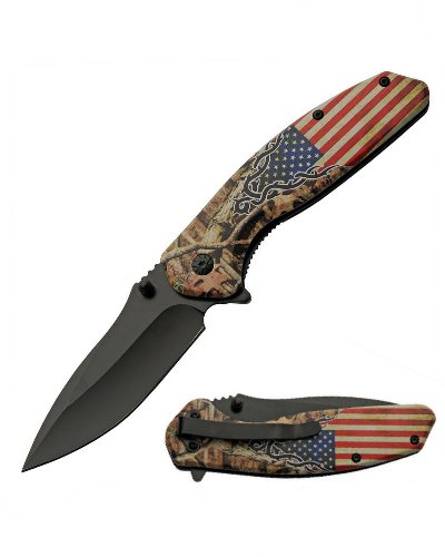 United States Flag forest camo spring assist knife